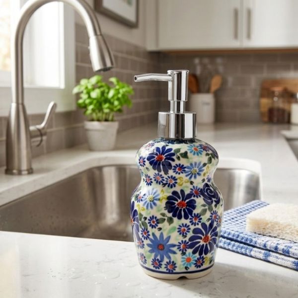 Handmade Polish pottery soap dispenser with stainless steel pump from Boleslawiec