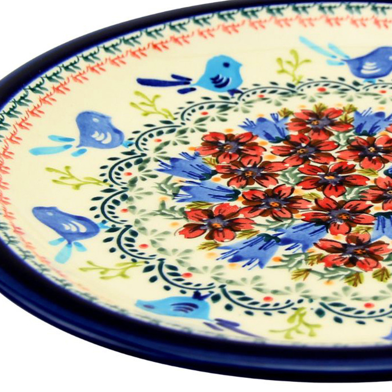 Polish pottery dinner plate in Bluebird Bouquet Unikat 214ar pattern, handmade in Boleslawiec