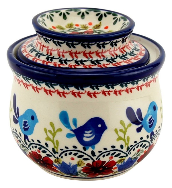 Polish Pottery French Butter Dish / Butter Bell 7.5 oz, Bluebird Bouquet Unikat | Boleslawiec