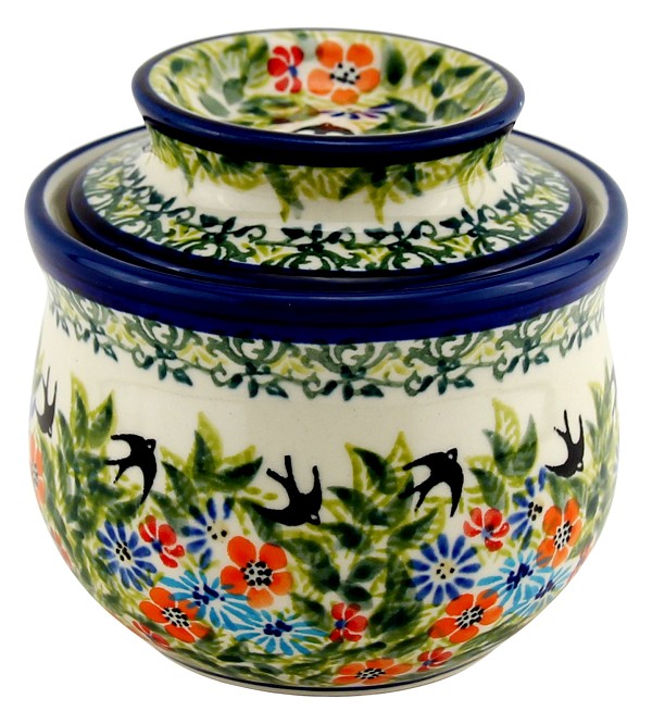 Polish Pottery French Butter Dish / Butter Bell 7.5 oz, Spring Swallow Serenade | Boleslawiec