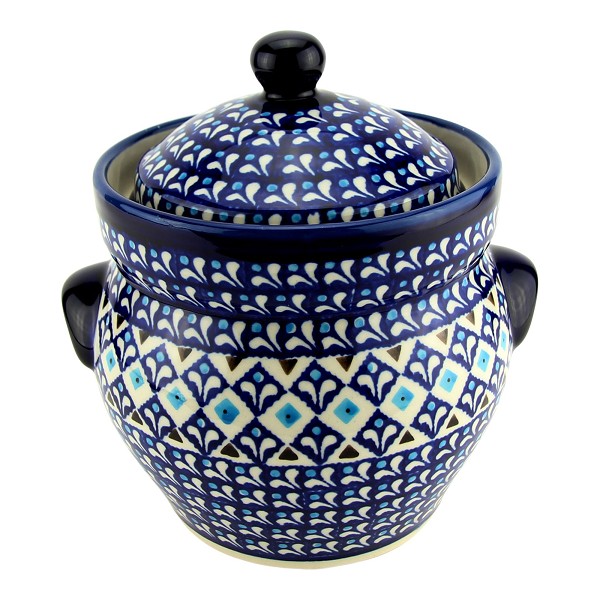 Polish Pottery Fermenting Crock 1.8 qt with Water-Seal Airlock, Blue Diamond Dream | Boleslawiec