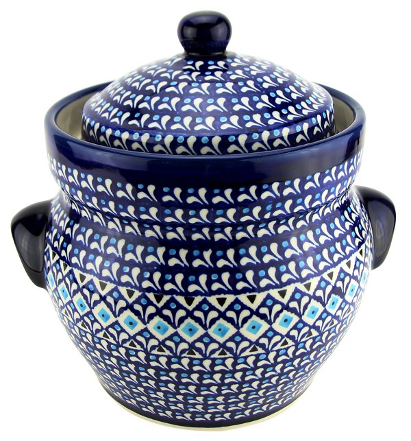 Polish Pottery Fermenting Crock 3.8 qt with Water-Seal Airlock, Blue Diamond Dream | Boleslawiec