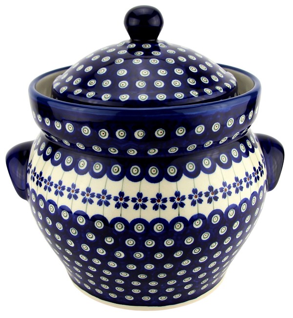 Polish Pottery Fermenting Crock 4.75 qt with Water-Seal Airlock, Floral Peacock | Boleslawiec