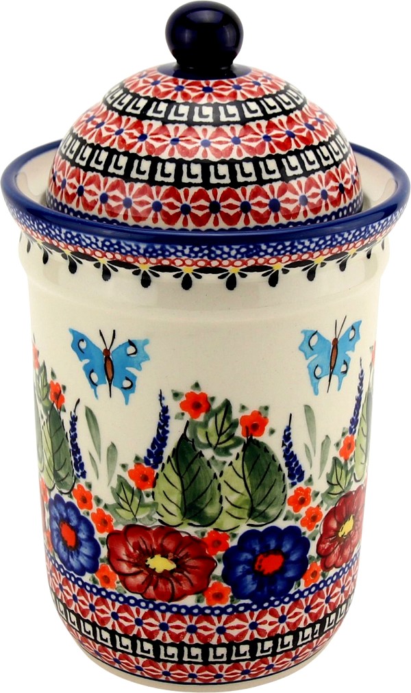 Polish Pottery Kitchen Canister with Lid 6 Cups / 45 oz, Floral Butterfly Unikat | Boleslawiec