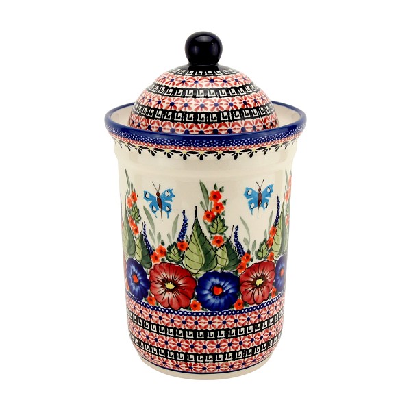 Polish Pottery Kitchen Canister with Lid 10 Cups / 2.5 qt, Floral Butterfly Unikat | Boleslawiec