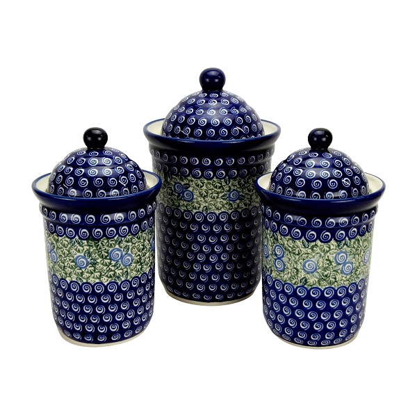 Polish Pottery 3-Piece Kitchen Canister Set, Blue Serenity Swirls | Boleslawiec