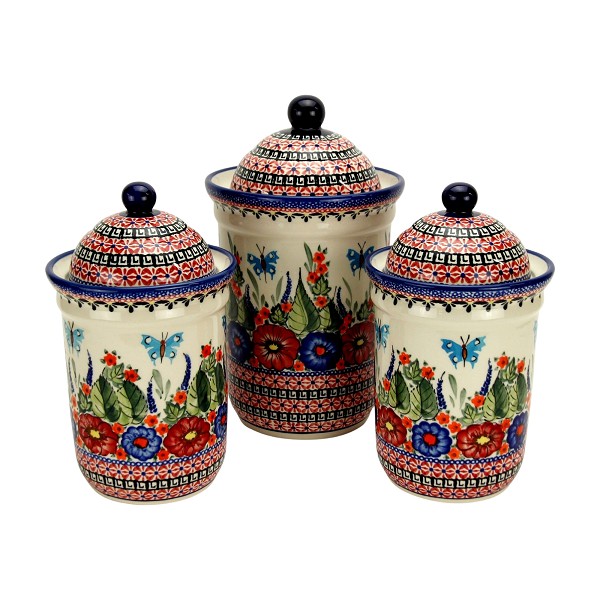 Polish Pottery 3-Piece Kitchen Canister Set, Floral Butterfly Unikat | Boleslawiec