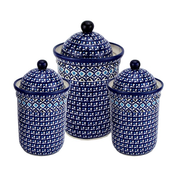 Polish Pottery 3-Piece Kitchen Canister Set, Blue Diamond Dream | Boleslawiec