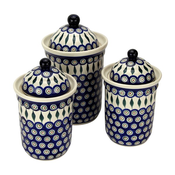 Polish Pottery 3-Piece Kitchen Canister Set, Peacock | Boleslawiec
