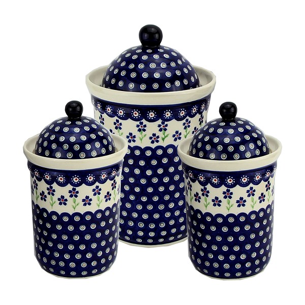 Polish Pottery 3-Piece Kitchen Canister Set, Floral Peacock Fiesta | Boleslawiec