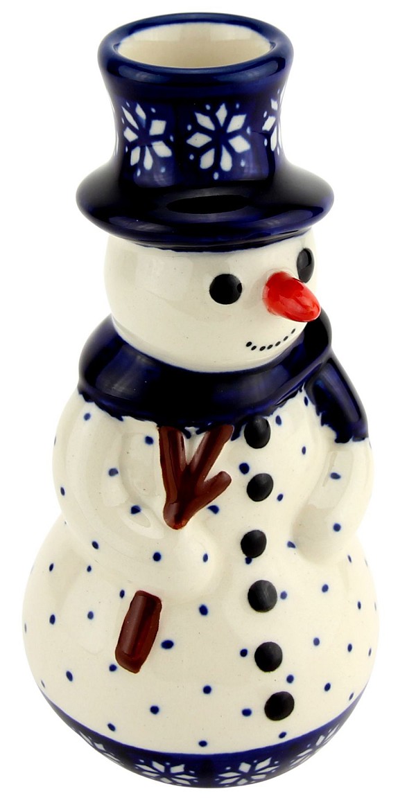 Polish Pottery Snowman Candle Holder Figurine 6.5