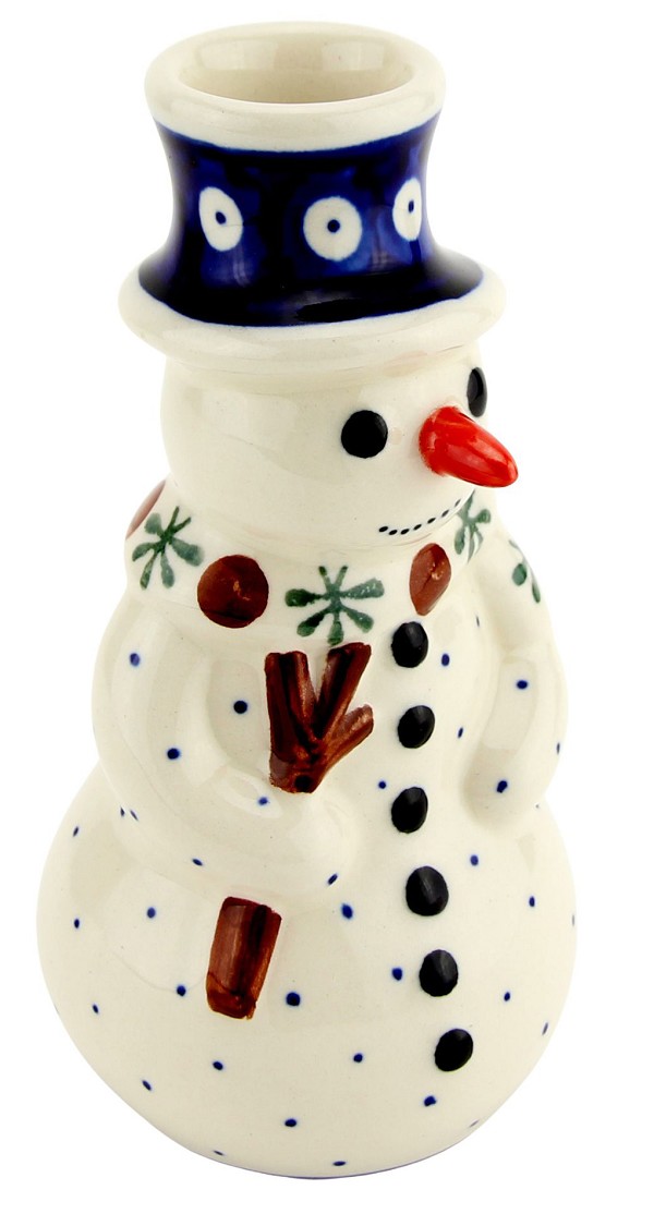 Polish Pottery Snowman Candle Holder Figurine 6.5