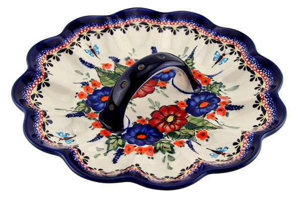 Polish Pottery Deviled Egg Platter with Handle 12-Egg, Floral Butterfly Unikat | Boleslawiec