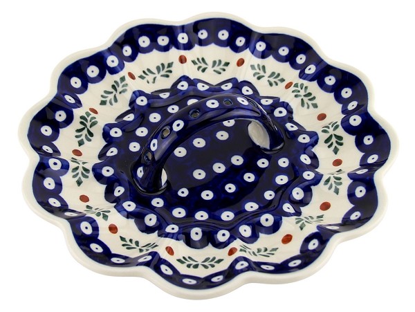 Polish Pottery Deviled Egg Platter with Handle 12-Egg, Holly Berries | Boleslawiec