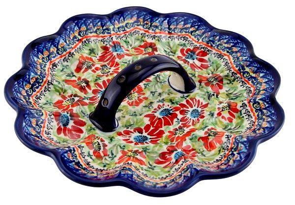 Polish Pottery Deviled Egg Platter with Handle 12-Egg, Floral Garden Unikat | Boleslawiec