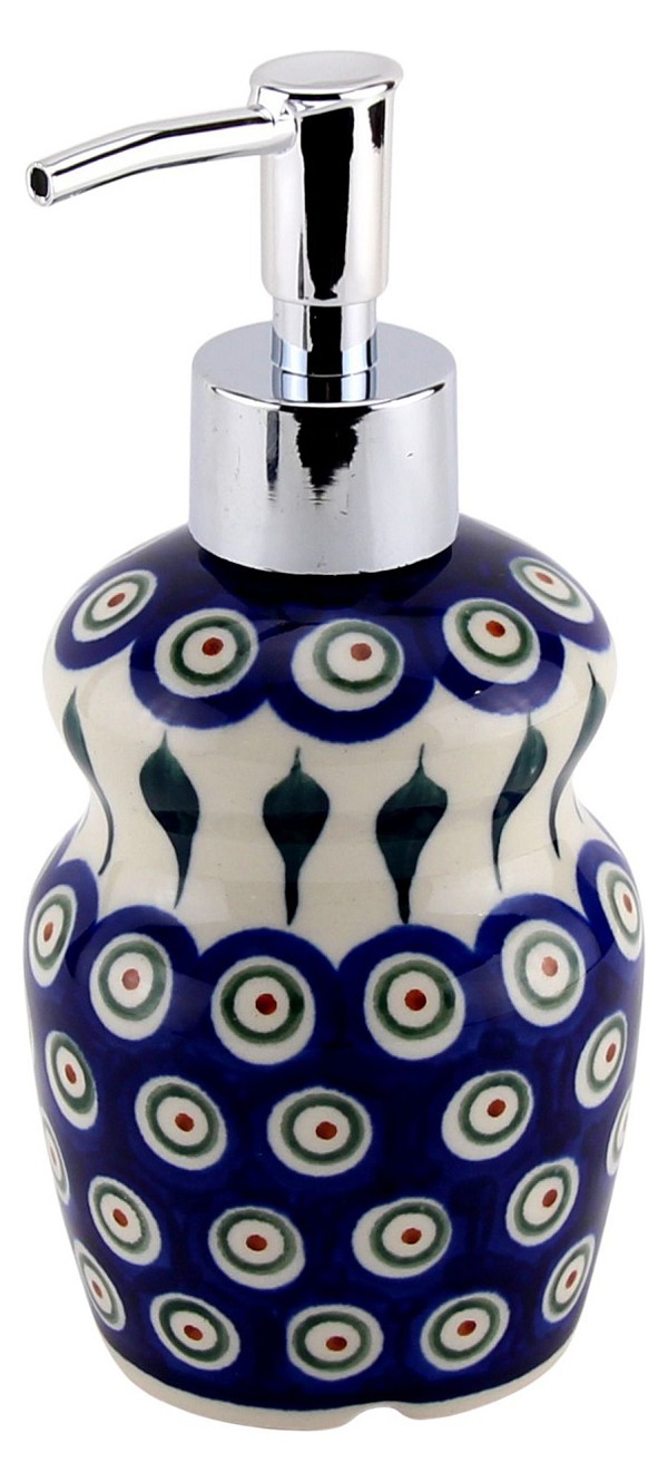 Polish Pottery Soap Dispenser 11 oz with Stainless Steel Pump, Peacock | Boleslawiec