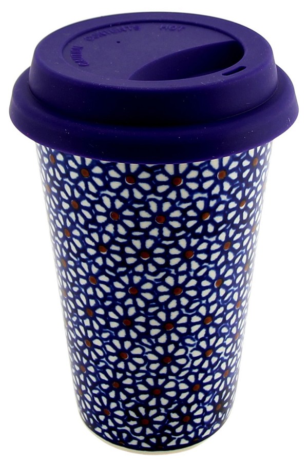 Polish Pottery Travel Coffee Mug 12 oz with Silicone Lid, Daisy Dreams | Boleslawiec