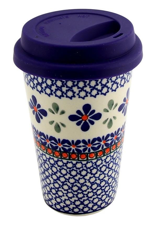 Polish Pottery Travel Coffee Mug 12 oz with Silicone Lid, Star Flower | Boleslawiec
