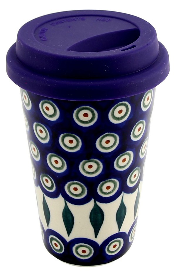 Polish Pottery Travel Coffee Mug 12 oz with Silicone Lid, Peacock | Boleslawiec