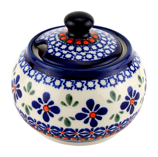 Polish Pottery Sugar Bowl with Lid 10 oz, Star Flower | Boleslawiec