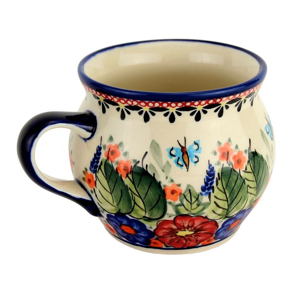 Polish Pottery Bubble Coffee Mug 16 oz, Floral Butterfly Unikat | Boleslawiec