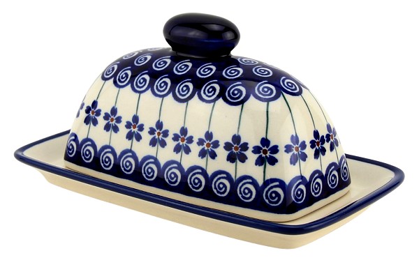 Polish Pottery Butter Dish with Lid, Floral Peacock Swirl | Boleslawiec