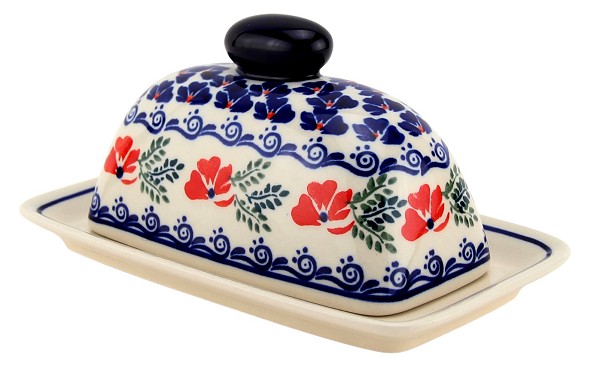 Polish Pottery Butter Dish with Lid, Poppy Garland | Boleslawiec