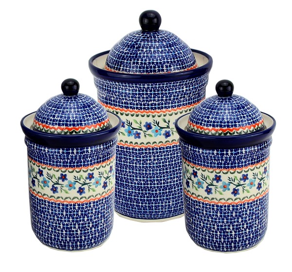 Polish Pottery 3-Piece Kitchen Canister Set, Blue Blossom | Boleslawiec