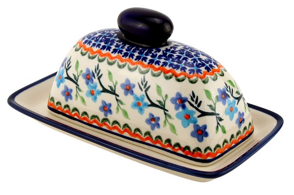 Polish Pottery Butter Dish with Lid, Blue Blossom | Boleslawiec