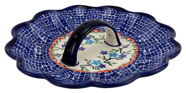 Polish Pottery Deviled Egg Platter with Handle 12-Egg, Blue Blossom | Boleslawiec