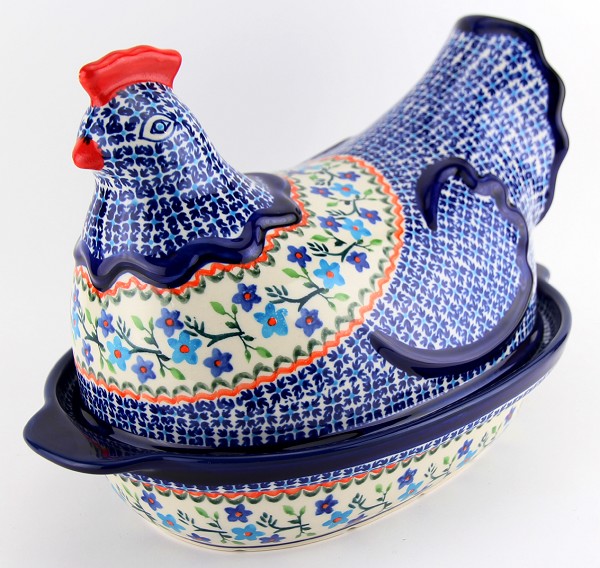 Polish Pottery Hen-Shaped Covered Baker & Dish, Blue Blossom | Boleslawiec