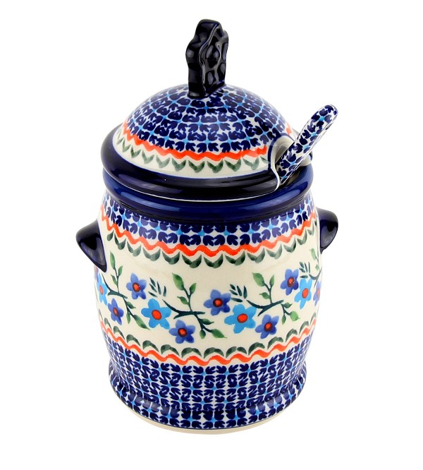 Polish Pottery Honey Pot with Dipper & Lid 18 oz, Blue Blossom | Boleslawiec