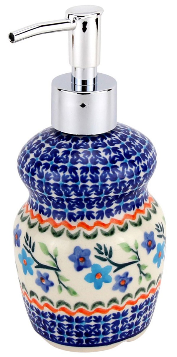 Polish Pottery Soap Dispenser 11 oz with Stainless Steel Pump, Blue Blossom | Boleslawiec