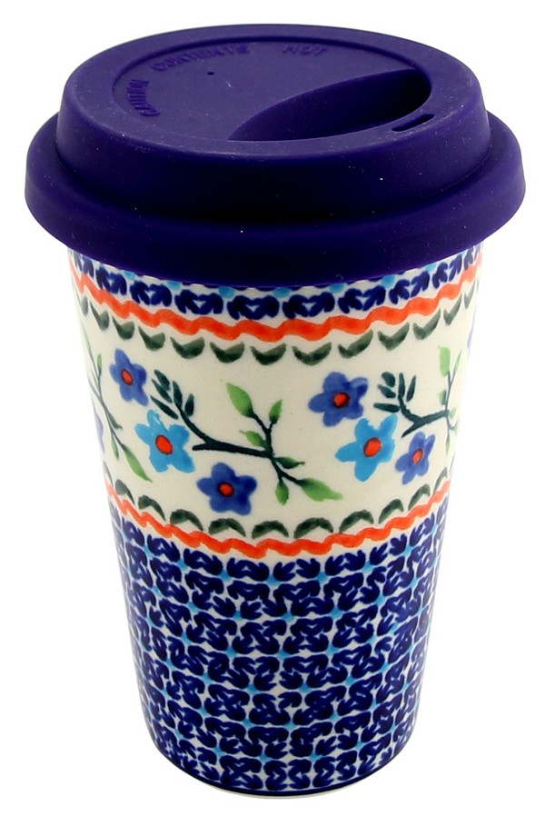 Polish Pottery Travel Coffee Mug 12 oz with Silicone Lid, Blue Blossom | Boleslawiec
