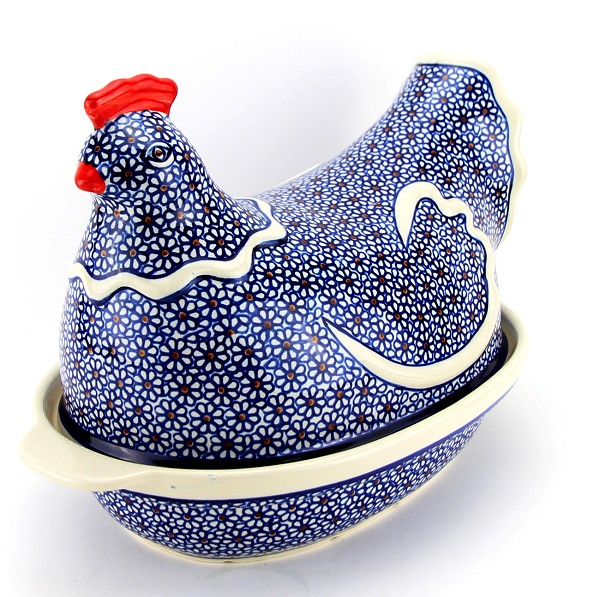 Polish Pottery Hen-Shaped Covered Baker & Dish, Daisy Dreams | Boleslawiec