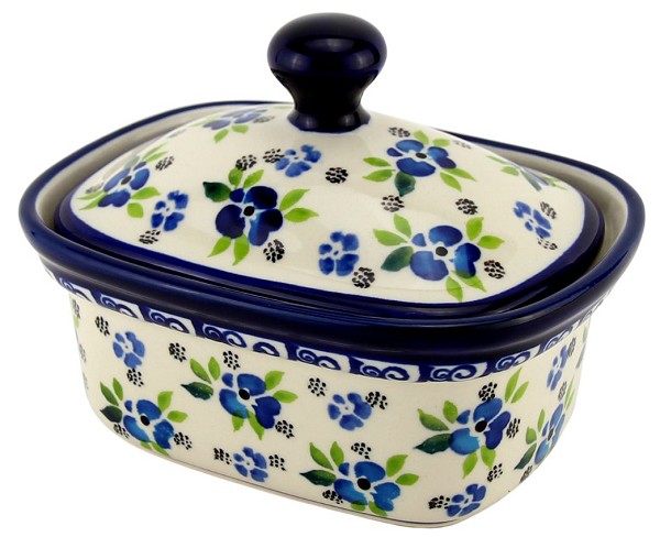 Polish Pottery Butter Dish with Lid 14 oz, Dayflower Swirl Serenade | Boleslawiec