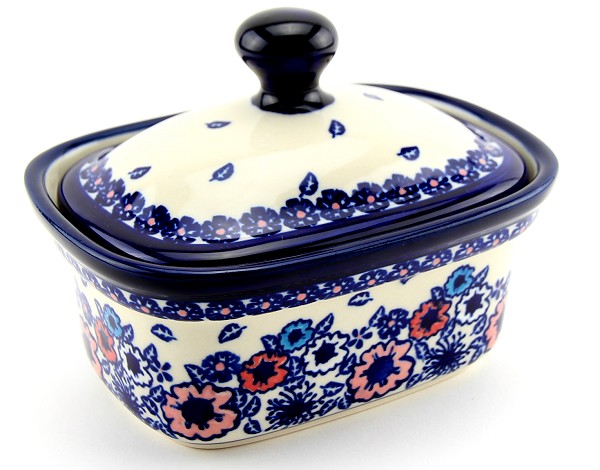 Polish Pottery Butter Dish with Lid 14 oz, Winter Rose Radiance | Boleslawiec