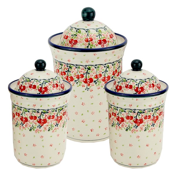 Polish Pottery 3-Piece Kitchen Canister Set, Cherry Blossom Bliss | Boleslawiec