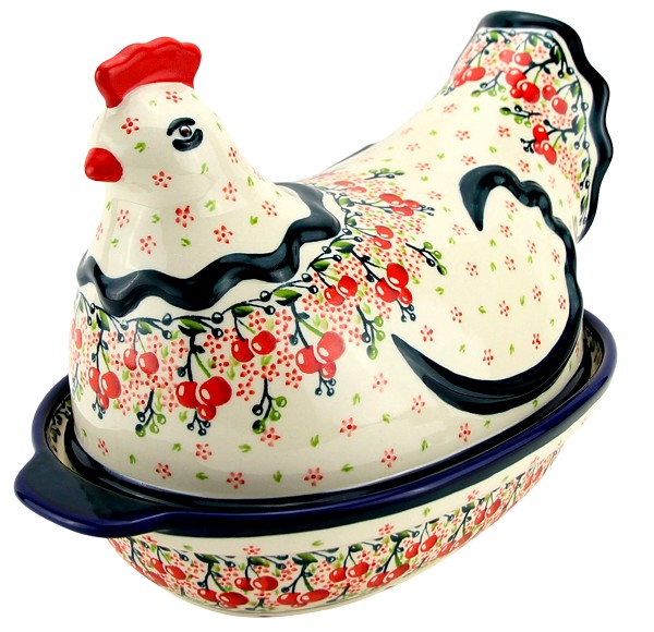 Polish Pottery Hen-Shaped Covered Baker & Dish, Cherry Blossom Bliss | Boleslawiec