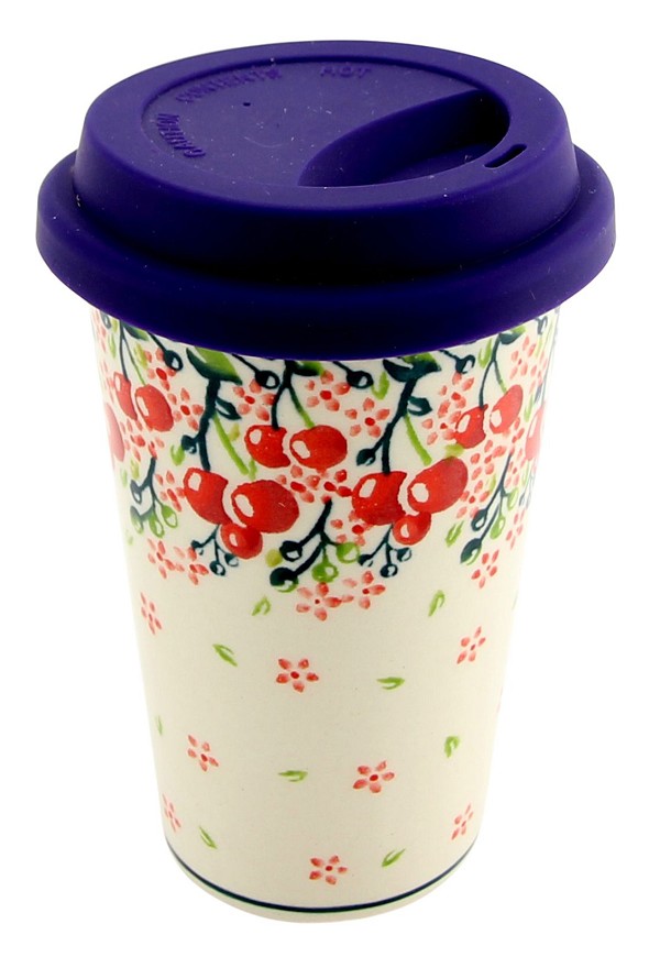 Polish Pottery Travel Coffee Mug 12 oz with Silicone Lid, Cherry Blossom Bliss | Boleslawiec
