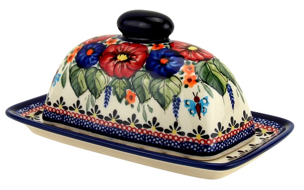Polish Pottery Butter Dish with Lid, Floral Butterfly Unikat | Boleslawiec