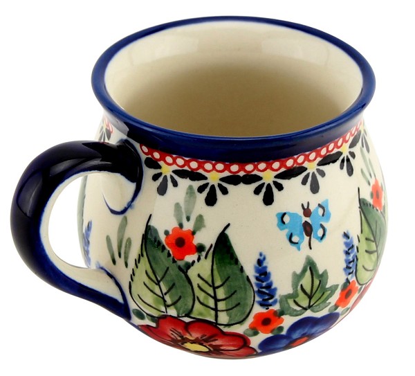 Polish Pottery Coffee Mug 8 oz, Floral Butterfly Unikat | Boleslawiec