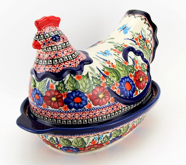 Polish Pottery Hen-Shaped Covered Baker & Dish, Floral Butterfly Unikat | Boleslawiec