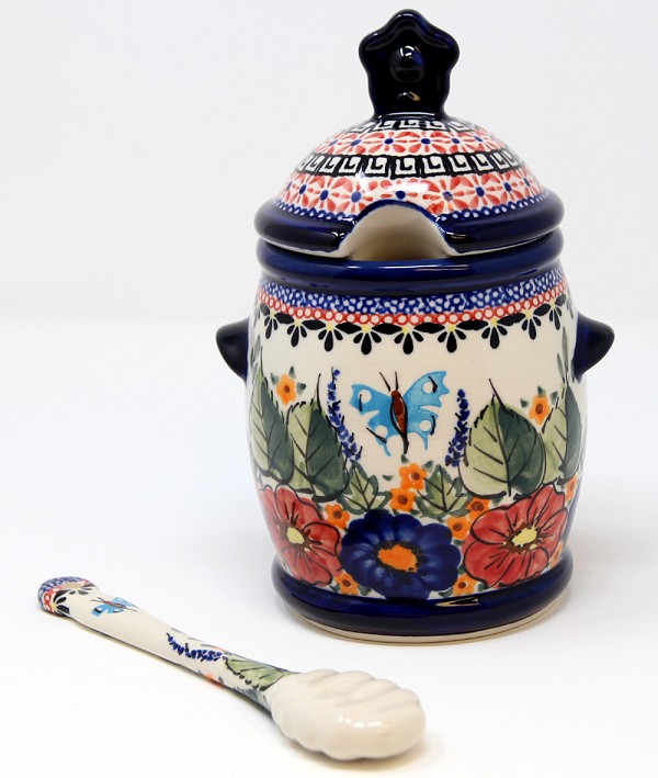 Polish Pottery Honey Pot with Dipper & Lid 18 oz, Floral Butterfly Unikat | Boleslawiec
