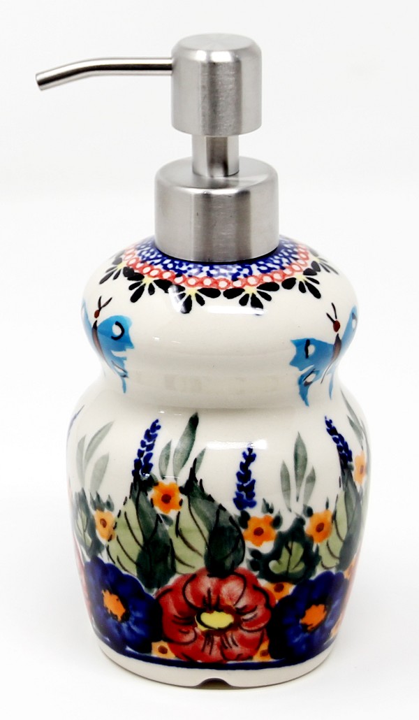 Polish Pottery Soap Dispenser 11 oz with Stainless Steel Pump, Floral Butterfly Unikat | Boleslawiec