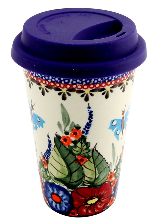 Polish Pottery Travel Coffee Mug 12 oz with Silicone Lid, Floral Butterfly Unikat | Boleslawiec