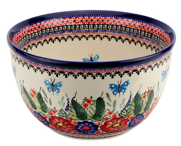 Polish Pottery Mixing & Serving Bowl 5 qt, Floral Butterfly Unikat | Boleslawiec