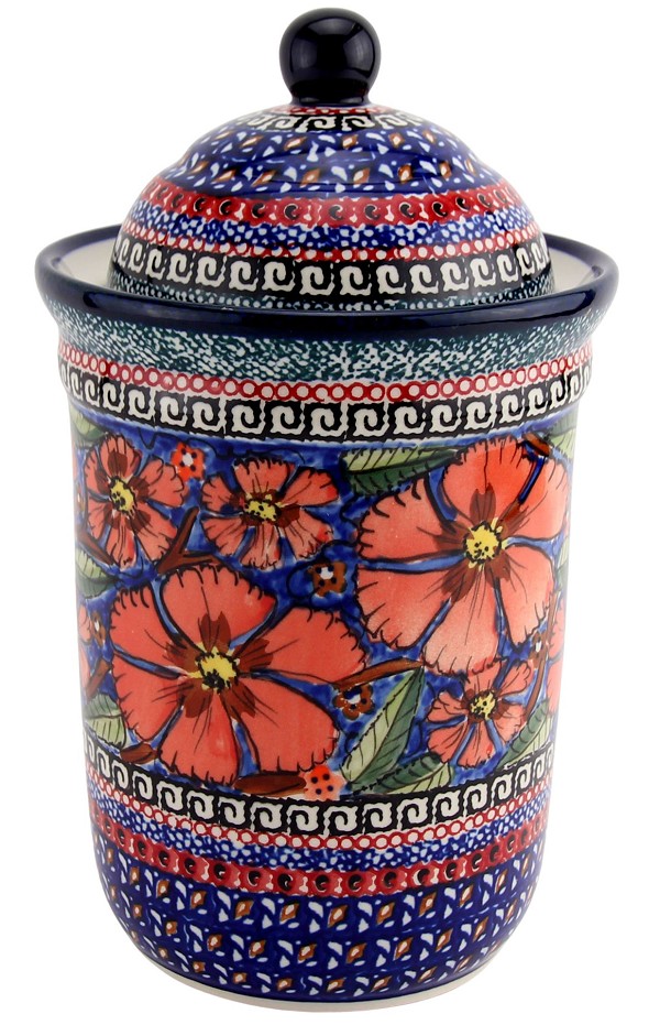 Polish Pottery Kitchen Canister with Lid 6 Cups / 45 oz, Poppies Unikat | Boleslawiec
