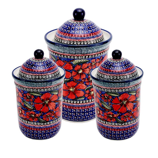 Polish Pottery 3-Piece Kitchen Canister Set, Poppies Unikat | Boleslawiec