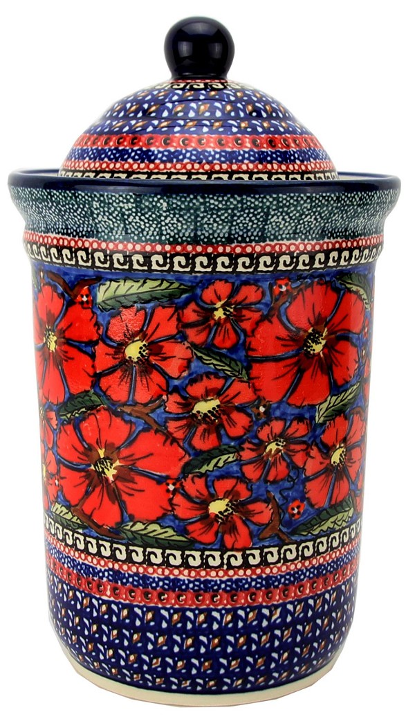 Polish Pottery Kitchen Canister with Lid 10 Cups / 2.5 qt, Poppies Unikat | Boleslawiec